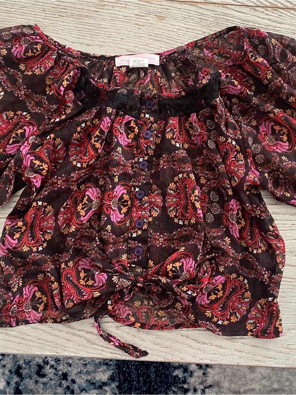 Vintage y2k Band of Gypsies Paisley Tie-Front Blouse in Burgundy, Pink & Orange
